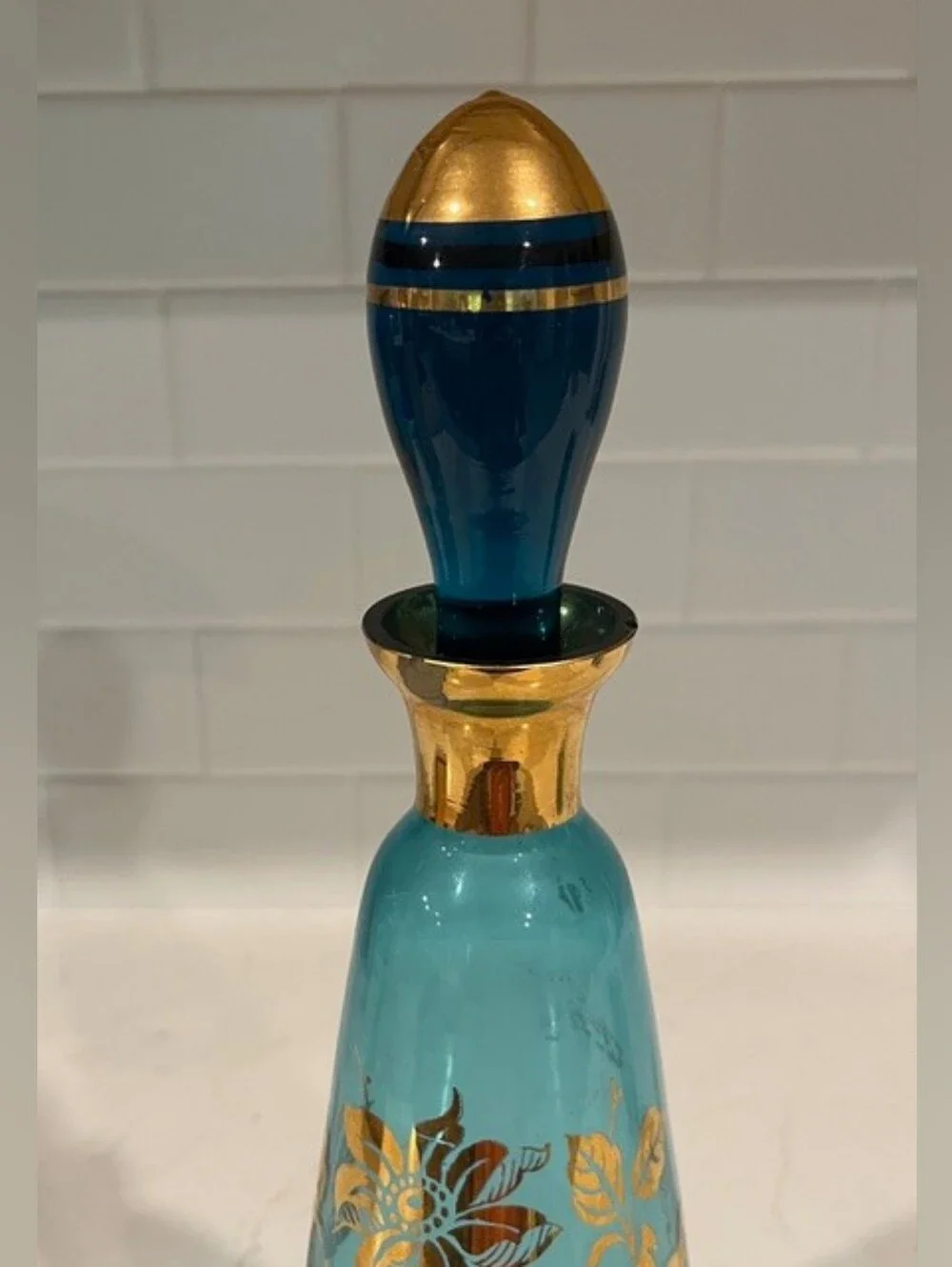 Vintage MCM Bohemian‎ Blue & Gold Gilded Liquor Decanter Set With 6 Glasses